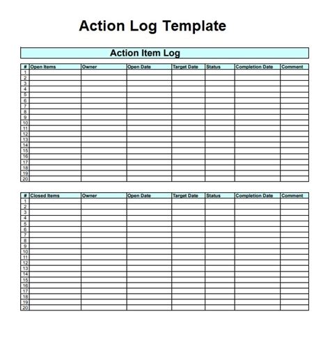 Action Log Template Excel Free