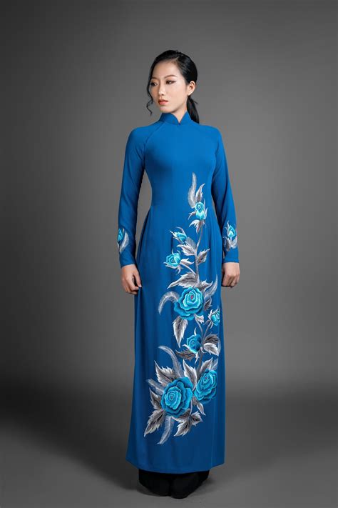 ao dai vietnam traditional dress blue silk long dress with stunning embroidered rose motif etsy