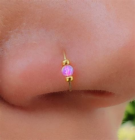 Tiny Pink Opal Nose Hoop Ring Piercings 24 G Nose Hoop Piercings 14k Gold Filled Pink Opal