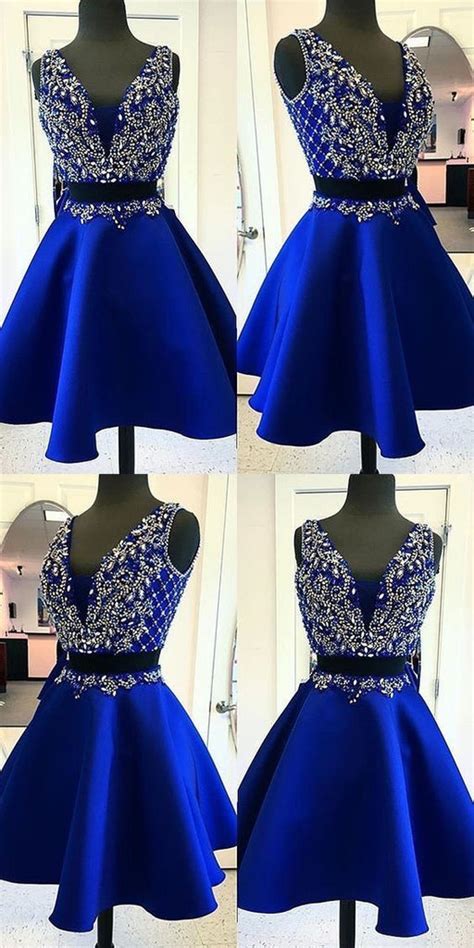 Two Piece Homecoming Dresses Royal Blue Beading Short Prom Dress Party