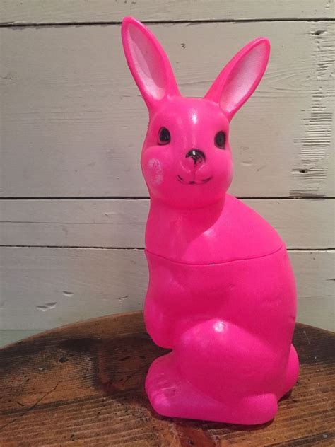 Vintage Pink Plastic Blow Mold Easter Bunny Rabbit Candy Container