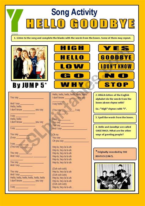 Song Activity Hello Goodbye By Jump5 For Beginners Esl