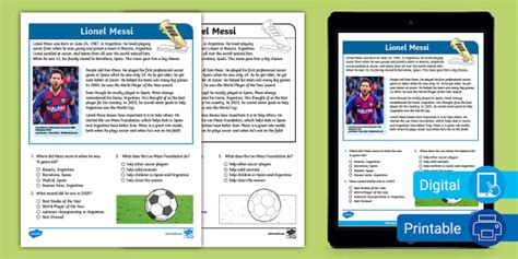 Fourth Grade Lionel Messi Reading Passage Comprehension Activity