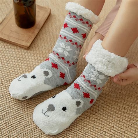Women Winter Christmas Socks Cotton Print Thicken Anti Slip Warm Fleece Socks