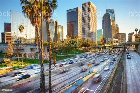 Los Angeles City Freeway Traffic At Sunset Stock Photo Download Image Now Istock