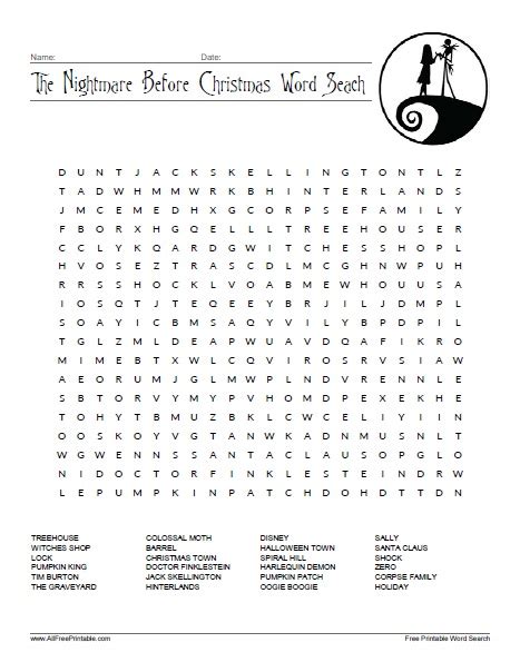 The Nightmare Before Christmas Word Search Free Printable