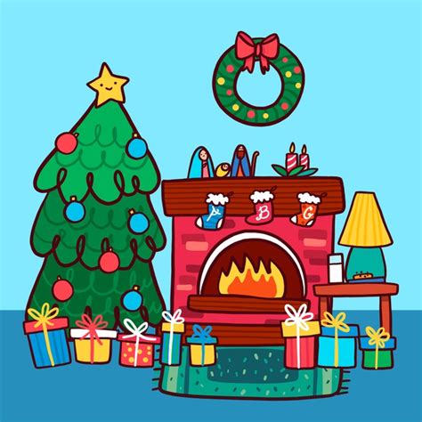 Christmas Fireplace Scene With Tree And Wreath Vector