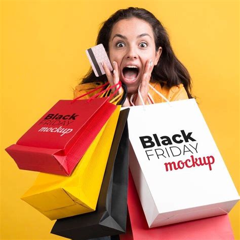 A Woman Holding Shopping Bags And Surprised With Black Friday Mockup On The Front Side