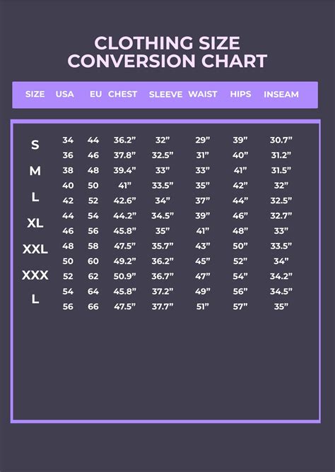 Clothing Size Conversion Chart In Pdf Illustrator Download