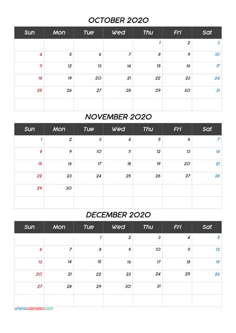 October November December 2020 Calendar Printable Template Codecoco1