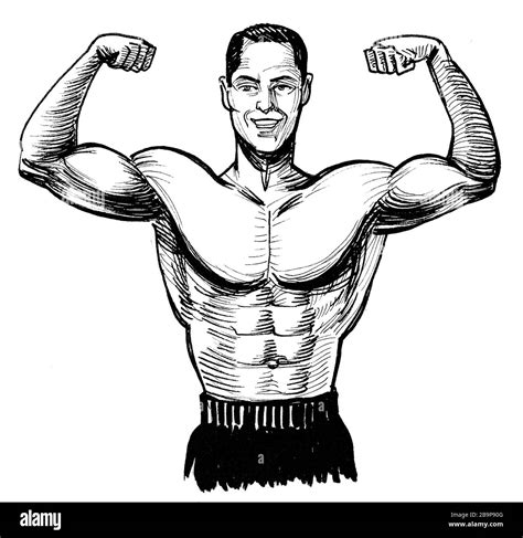 Bodybuilder Flexing Biceps Ink Black And White Drawing Stock Photo Alamy