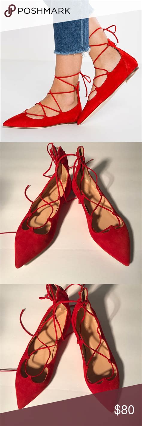 J Crew Red Lace Up Flats Size 9 In Excellent Condition Brand New