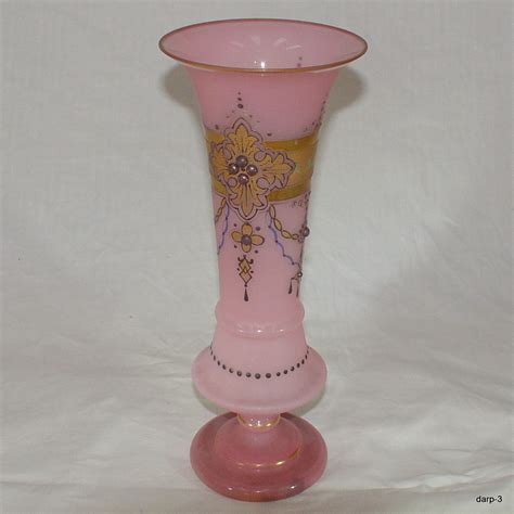 Antique Bohemain Czech Pink Glass Vase With High Relief Enamelled Decoration 31 Cm Tall