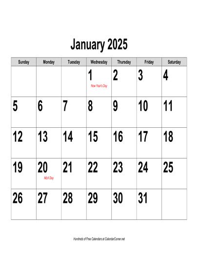 Free 2025 Large Number Calendar Landscape With Holidays