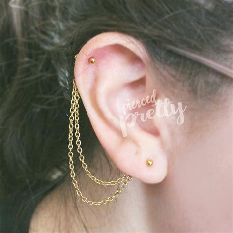 G G Helix To Lobe Long Double Chain Earring Ear Cartilage Etsy