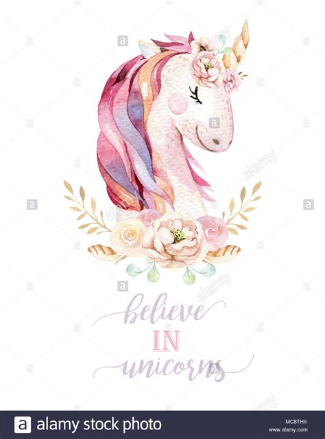Isolated Cute Watercolor Unicorn Clipart With Flowers Nursery Unicorns