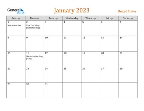 United States January 2023 Calendar With Holidays