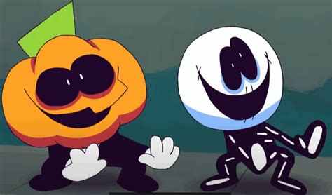 Two Cartoon Characters One With An Orange And The Other As A Jack O