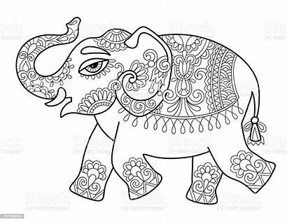 Elephant Coloring Indian Line Drawing Adults Ethnic