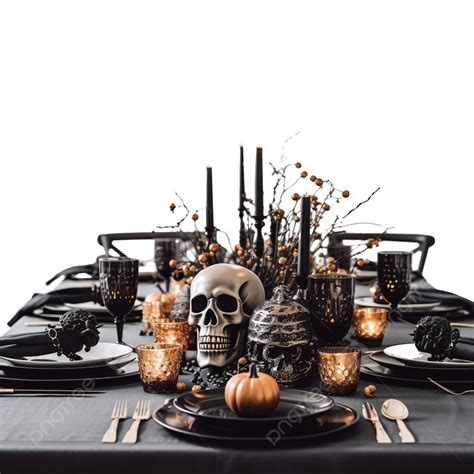 Halloween Table Decorated With Some Scary Ornaments Such As A Skull A