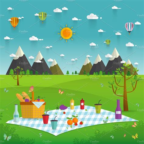 Outdoor Picnic In Mountains Pre Designed Illustrator Graphics