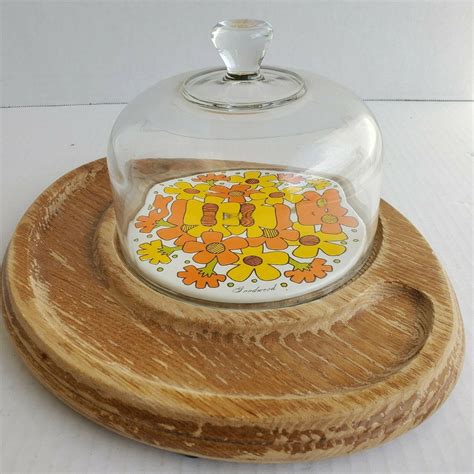 Vintage Mcm Retro Flower Wood Cheese And Cracker Tray Glass Dome Etsy