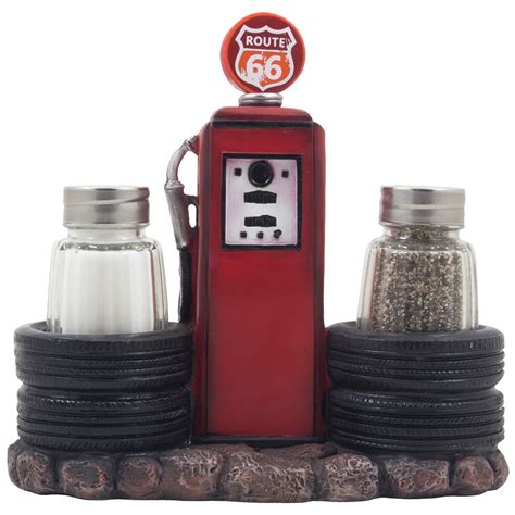 retro gas station filling pump salt and pepper shaker set with decorative car tires and route 66