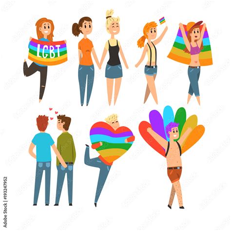 Lgbt People Community Celebrating Gay Pride Love Parade Cartoon Vector Illustrations Isolated