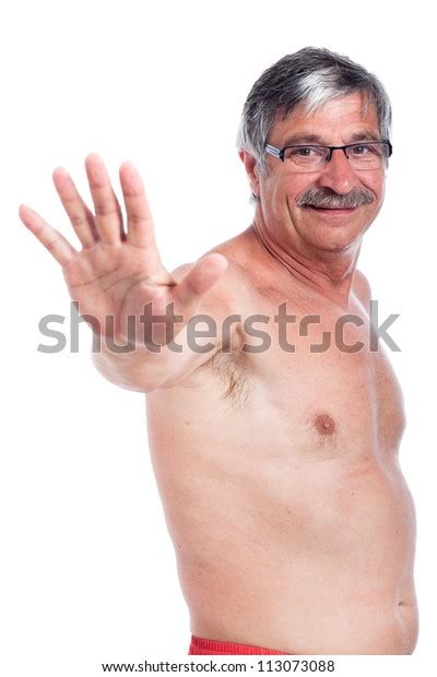Happy Shirtless Senior Man Gesturing Hand Stock Photo Shutterstock