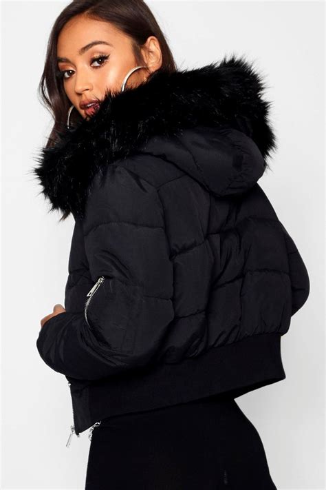 Petite Luxe Faux Fur Hood Sporty Cropped Coat Boohoo In 2020 Puffer