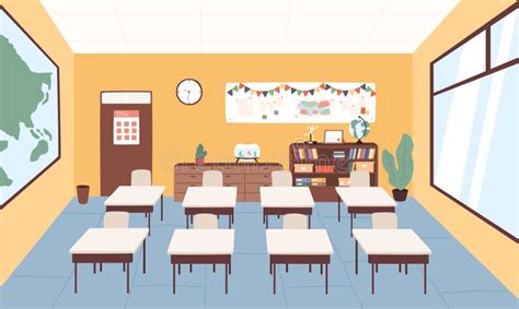 Empty Classroom At Primary School Vector Graphic Illustration Interior Of Cartoon Elementary