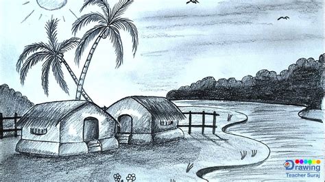 How To Draw River Side Huts Scenery Very Easy Step By Step Scenery