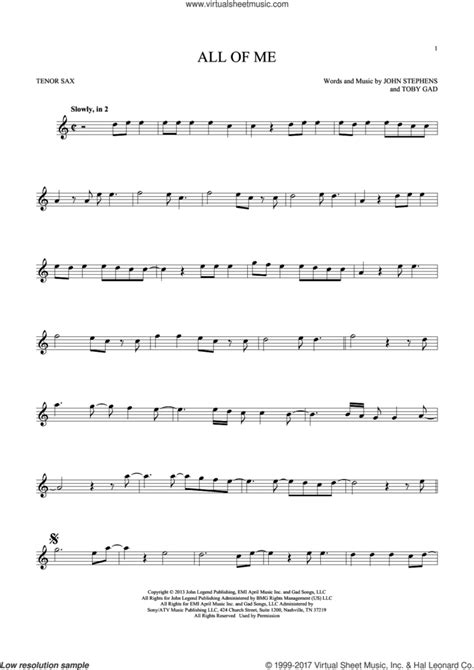 John Legend All Of Me Sheet Music For Tenor Saxophone Solo Pdf
