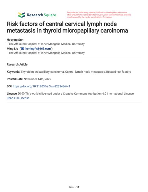 Pdf Risk Factors Of Central Cervical Lymph Node Metastasis In Thyroid