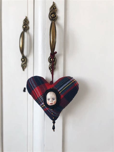 Hanging Heart With Art Doll Face Beaded Ornament Fantasy Etsy Hanging Hearts Beaded