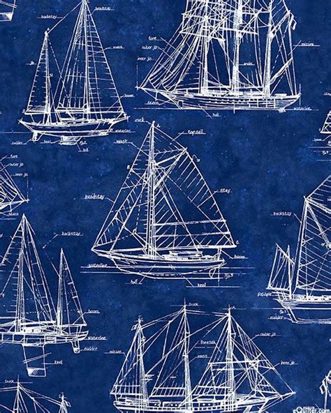 Vintage Blueprints Sailboat Specs Navy Blue Nautical Prints