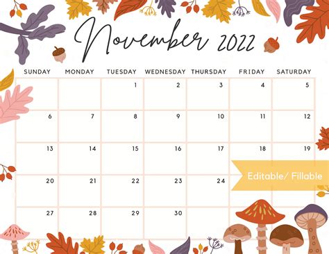 Editable November 2022 Calendar Beautiful Fall Autumn Etsy Norway