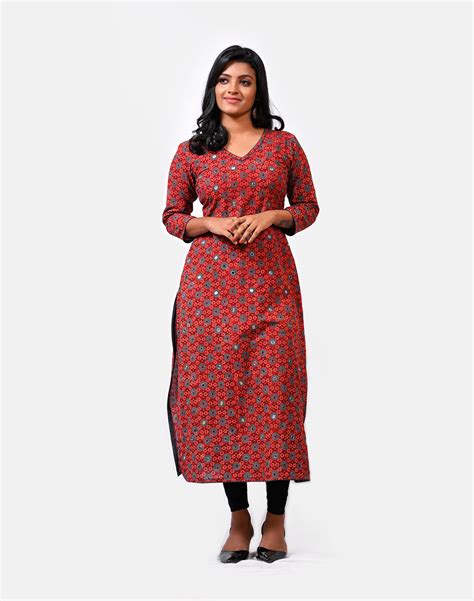 Ajrakh Printed Red With Mirror Straight Cut Kurti Byhand I Indian Ethnic Wear Online I