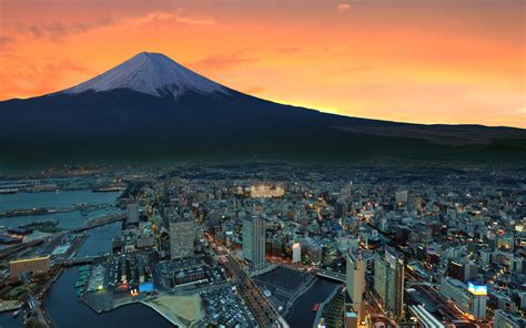 Mount Fuji Snowy Peak Japan Sunset City Wallpaperhd World Wallpapers