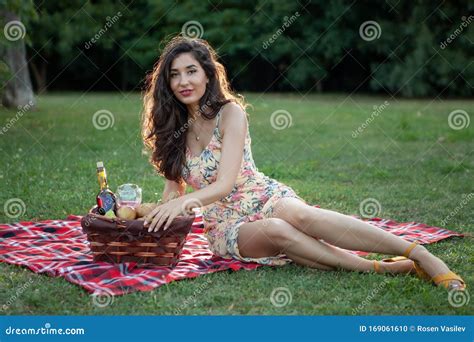 Brunette Woman On Picnic Blanket In The Park Stock Photo Image Of Nature Food