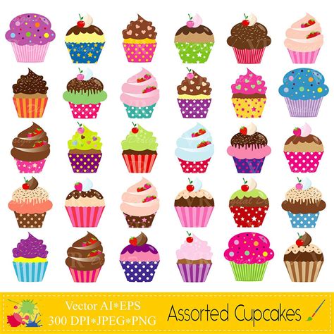 Assorted Cupcakes Clip Art, Cute Birthday Colorful Cupcakes Clipart, Party Cupcakes Clipart ...