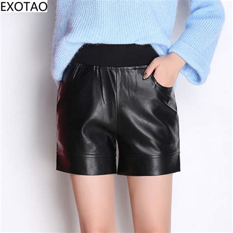 Exotao High Waist Shorts Women Pu Leather Elastic Waist Short Feminina Casual Loose Solid Short