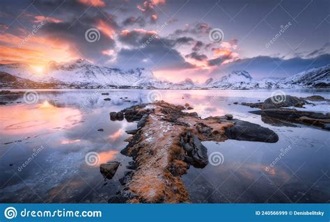 Sea Coast Snowy Mountains And Blue Sky With Pink Clouds Stock Image