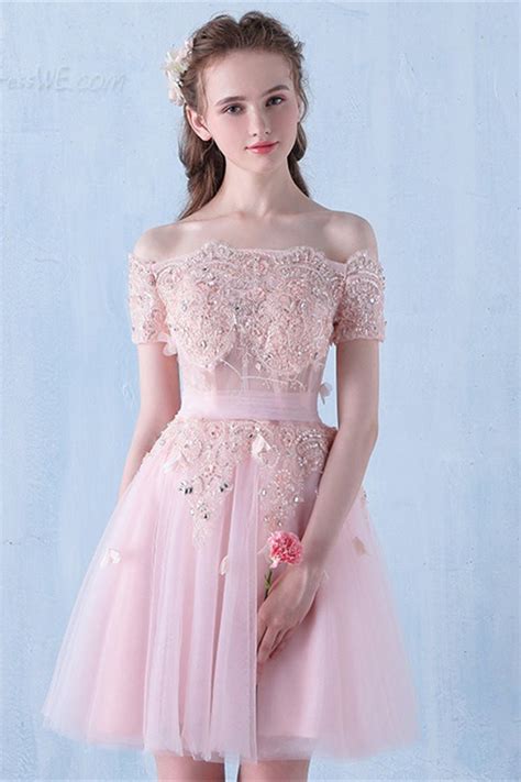 Pink Off The Shoulder Tulle Short Prom Dress With Beading A Line
