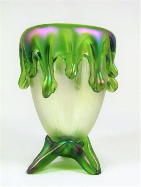 Antique Bohemian Kralik Art Nouveau Glass Vase Applied Green Drip