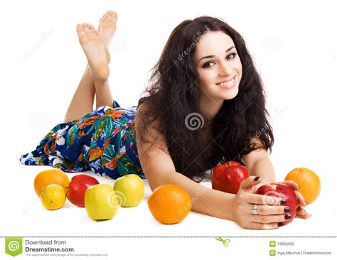 Cheerful Brunette With Fresh Fruits Stock Image Image Of Health