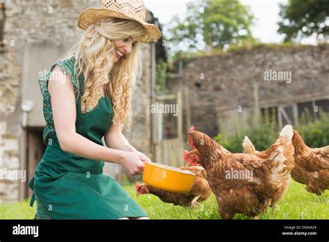 Junge Frau Die Ihre Hühner Füttern Stockfotografie Alamy
