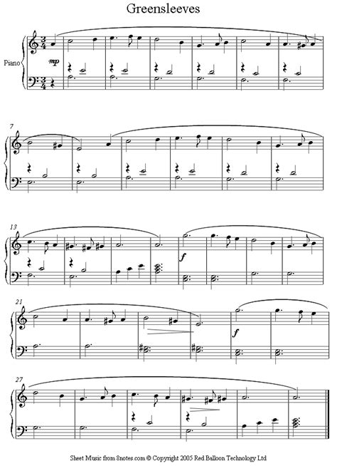 Download the piano sheet music of greensleeves (easy/intermediate level) by traditional. Greensleeves sheet music for Piano - 8notes.com