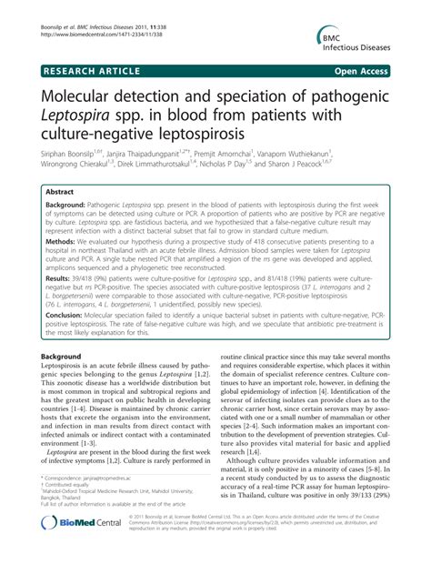 Pdf Molecular Detection And Speciation Of Pathogenic Leptospira Spp
