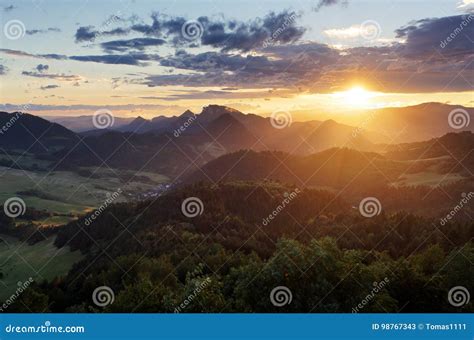 Sunset Over Summer Mountain Landscape In Slovakia Pieniny Stock Image